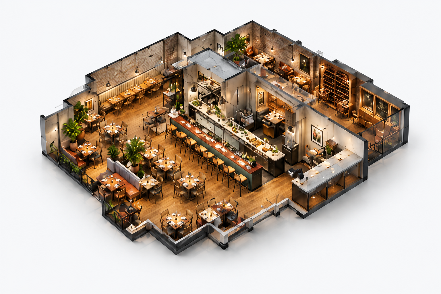 Illustration of a restaurant as an isometric 3D cutaway, showing its bar, tables, and layout.